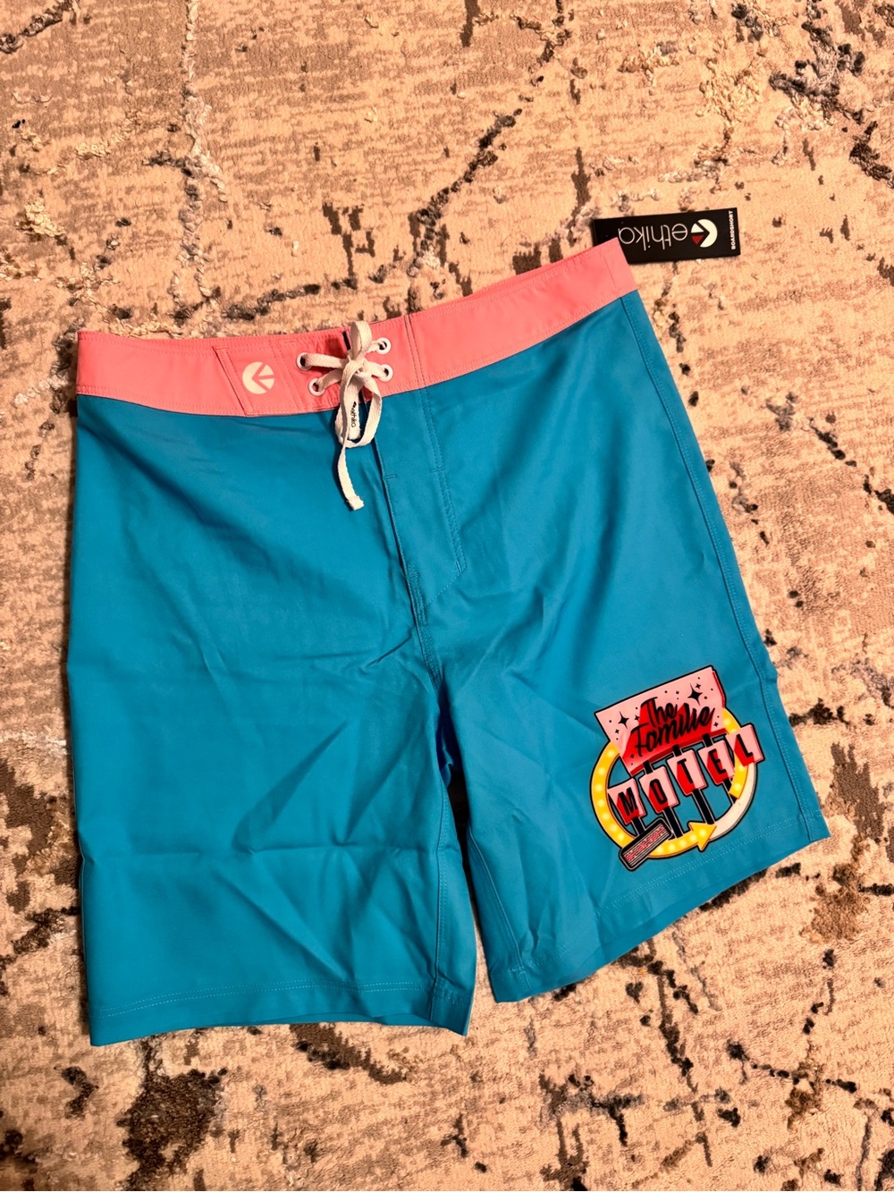 Ethika Blue-Pink Board Shorts with Retro Patch- Mens sz. 28”. NWT